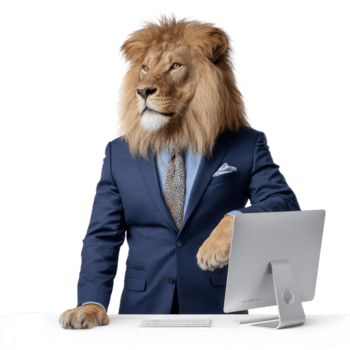 Lion in Business Suit Using Computer at Desk, Showing Professionalism and Confidence in Modern Workplace Environment png