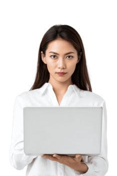 confiante mulher segurando computador portátil dentro branco camisa com sério expressão em isolado fundo png