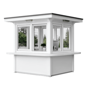 Modern White Reception Booth with Windows in a Park like Setting, Ideal for Events and Information Services png