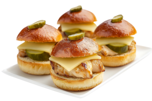 Delicious Grilled Chicken Sliders with Cheese and Pickles on transparent background png