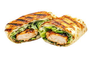 Grilled Chicken and Lettuce Wrap on Flatbread on transparent background png