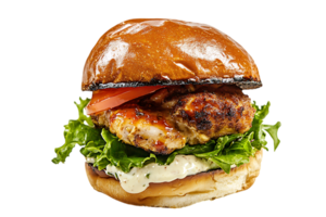 Delicious Grilled Chicken Burger on a Brioche Bun on transparent background png