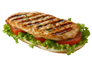 Grilled Chicken Sandwich on Bun with Lettuce and Tomato on transparent background png