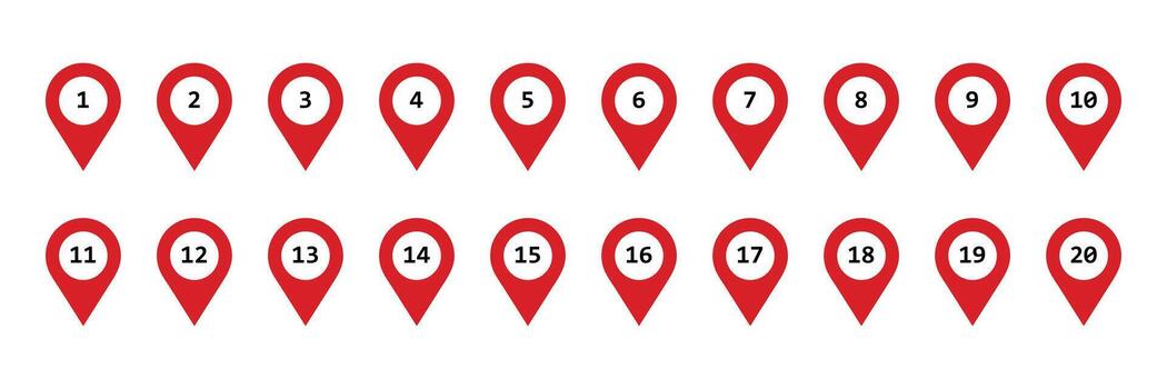 Set of red map marker point with 1 to 20 number icon collection. vector