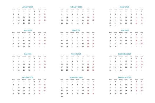 Complete Calendar for 2026, High Resolution Image. vector