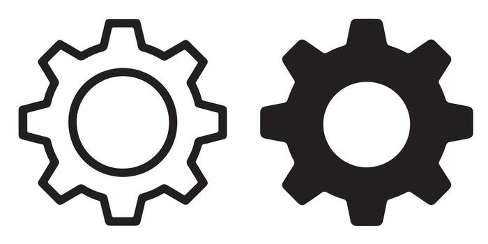 Two Simple Gear Icons Outline and Filled Style for Settings, Options, and Mechanical Design Projects, Perfect for Minimalist Web or App Interfaces vector