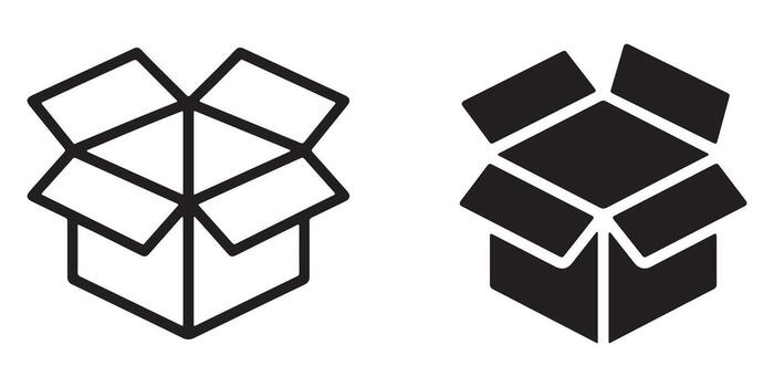 Open Box Icons Two Stylish Line Art and Solid Designs for Packaging, Delivery, and Unboxing Concepts vector