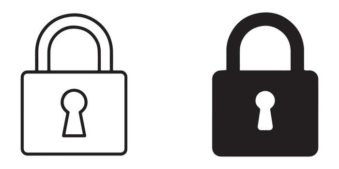Simple Padlock Icons Outline and Solid Black, Security Symbols for Website Design, Digital Protection, and Privacy Assurance. vector