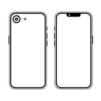 Black and white outline illustration of smartphone front and back with single rear camera. vector