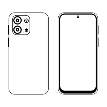 Black and white outline illustration of smartphone front and back with dual rear camera module. vector