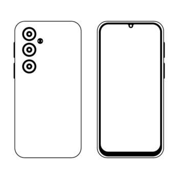 Simple black and white line drawing of smartphone front and back with triple camera setup. vector