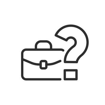 icon of question mark with portfolio, unknown amount of work, career choice, thinking or search about next job, thin line symbol on white background - editable stroke illustration vector