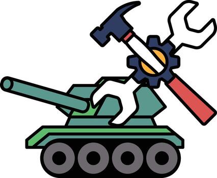 A black and white drawing of a tank with a hammer and wrench on it vector