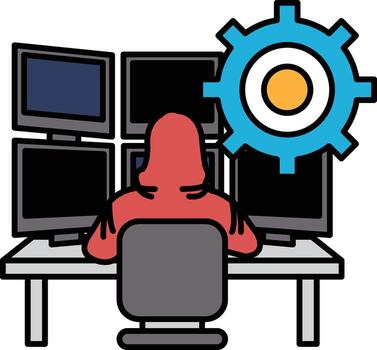 A woman is sitting at a desk with a computer monitor in front of her vector