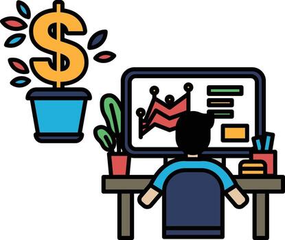 un hombre es sentado a un escritorio con un computadora monitor en frente de él vector