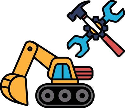 A black and white drawing of a construction vehicle with a wrench and a hammer vector