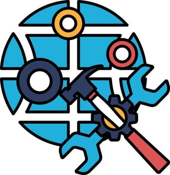 A black and white drawing of a hammer and a wrench on a globe vector