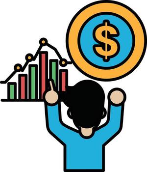 A man is holding up a dollar sign and pointing to a graph vector