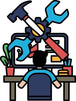 A man is sitting at a desk with a computer and a toolbox vector