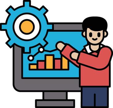 A man is drawing a gear on a computer screen vector