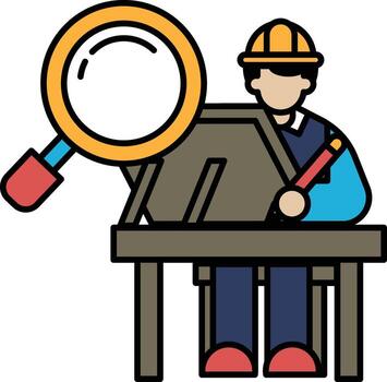 un hombre es sentado a un escritorio con un aumentador vaso en frente de él vector