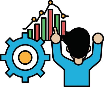un hombre es en pie en frente de un engranaje y un grafico vector