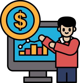 un hombre es señalando a un computadora pantalla con un dólar firmar en eso vector