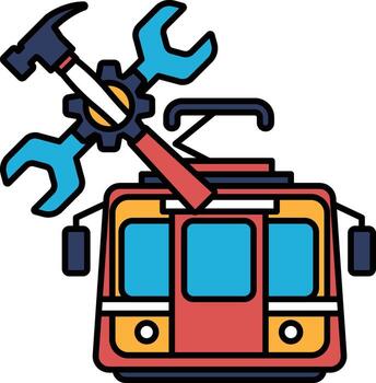 A black and white drawing of a train with a wrench and a screwdriver on it vector