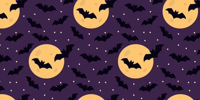 Halloween Backdrop with Full Moon and Black Bats Seamless Pattern on violet Background Banner Format. Isolated illustration Halloween Greeting Background Party invite or banner, leaflets, price vector