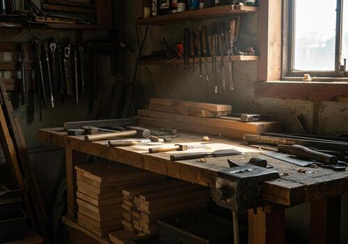 Sunlight Streaming Through A Workshop Window With Tools And Dust Particles photo