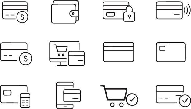 Credit Card Web Icon Set in Modern Line Style Payment, Wallet, Security, Contactless, Transaction, E-Commerce, Money vector