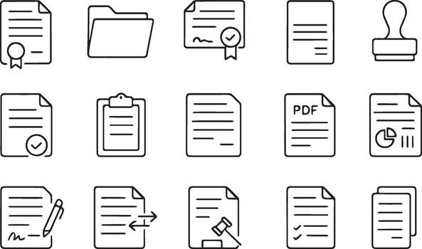 Document Web Icon Set in Modern Line Style Contract, Folder, Certificate, Approval, Invoice, Archive, Checklist, Paperwork vector