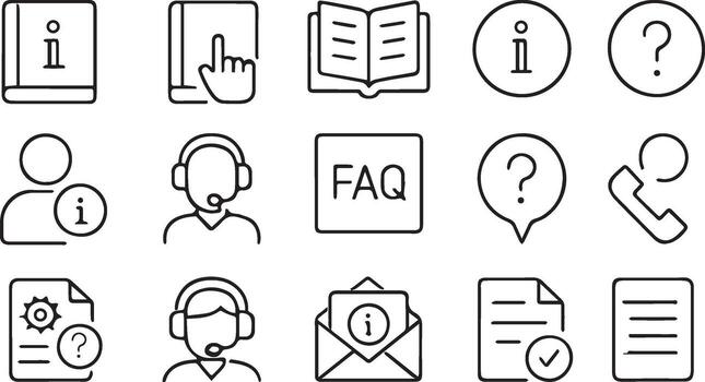 Information and Help Desk Web Icon Set in Modern Line Style User Manual, Guidebook, FAQ, Customer Support, Live Chat, Help Center vector