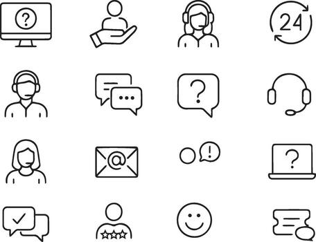 Customer Service Web Icon Set in Modern Line Style Support, Online Help, Assistance, 24 Hours, Communication, Feedback vector