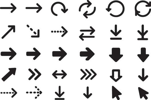 Black art Arrows Icon Set Flat Style Direction Symbols, Cursor, Navigation, Reload, Curved, Dashed, Solid Arrow Collection vector