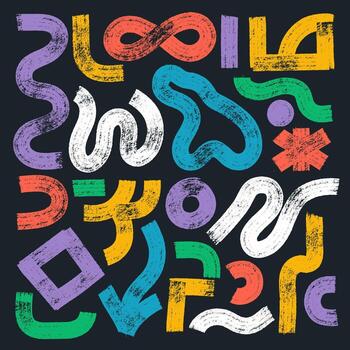 Colorful naive doodle shapes in playful grunge style. Includes squiggles, dots, bold lines, circles, asterisks, wavy strokes, infinity signs. Fun abstract geometric elements. Brush style vector