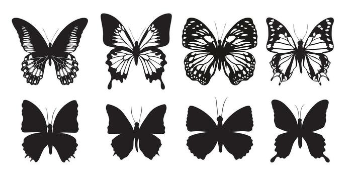 Set of black silhouettes of butterflies. Butterflies with different wing shapes and different patterns. Monochrome Insect butterfly winged gorgeous insect. Collection on white background. vector