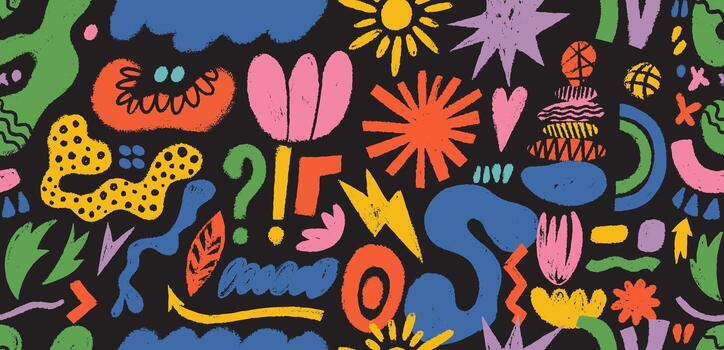 Seamless pattern crayon abstract shapes, forms. Groovy bizarre shapes in trendy crayon drawing style. Seamless hand drawn weird shapes with crayon, color chalk or charcoal texture drawn manual. vector