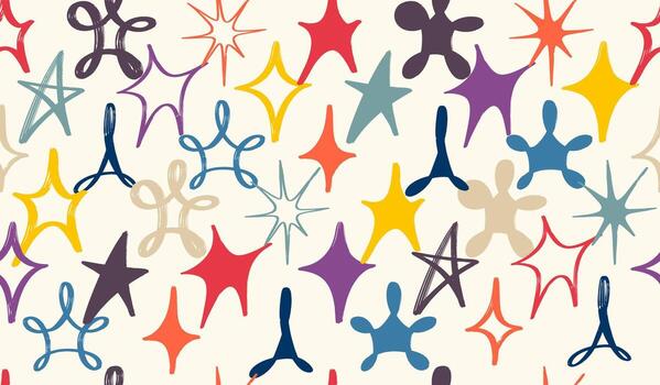 sin costura grunge modelo de tiza dibujado bocetos vistoso estrellas. sin costura modelo estrellado retro impresión. textura de estilizado lápiz de color dibujado en blanco fondo. decorativo, vistoso ilustración. vector