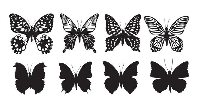 Black silhouettes of butterflies set. Butterflies with different wing shapes and different patterns. Collection of monochrome Insect butterfly winged gorgeous insect. on white background. vector