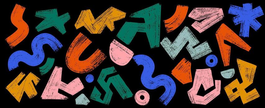 Set of color doodle modern figures, cloud, spiral, zigzag, stars, arch, other primitive elements, icons. Abstract geometric shapes drawn with brushstroke. Style art kid geometric graphic shapes vector