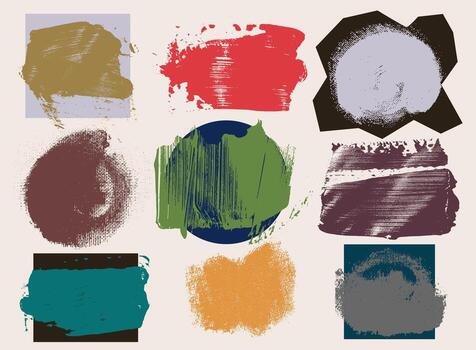 collection of paintbrush. Set of brush strokes bundle. Color round text boxes and grunge blotches. Splatters elements. Dirty distress texture banners. Ink painted shapes dry brush on canvas. vector