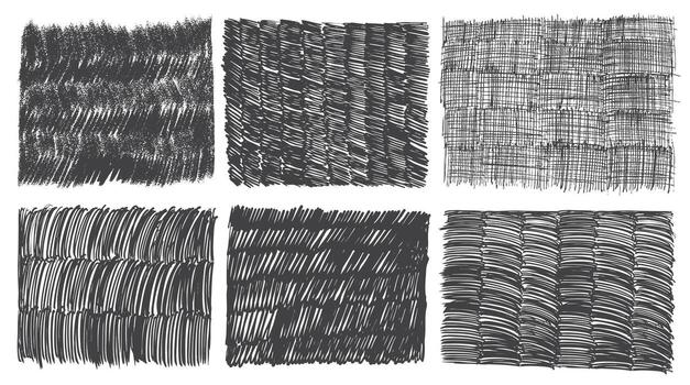 Set of pencil or crayon texture rectangle. Black hand drawn cross hatch. graphic charcoal. Doodle grunge pencil dashes, messy short pen lines. Texture rough crayon strokes. Crosshatch pattern. vector