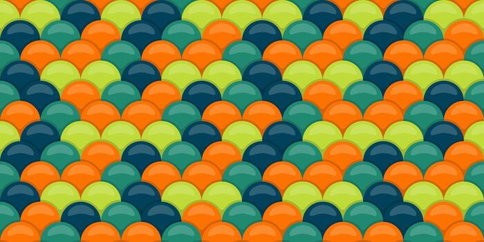 Vibrant, seamless pattern of overlapping circles in teal, orange, and lime green, reminiscent of scales or fish skin. Perfect for backgrounds, textiles, or playful designs. vector