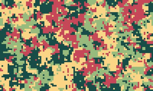 Abstract digital camouflage pattern in muted reds, greens, and yellows. Perfect for backgrounds, textures, or militarytactical designs. The pixelated style adds a modern, versatile aesthetic. vector