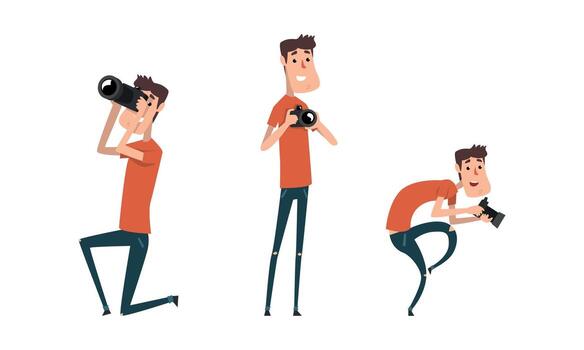 Man Paparazzi Taking Photo with Camera Set, Funny Photographer with Camera in Various Poses Cartoon Illustration vector