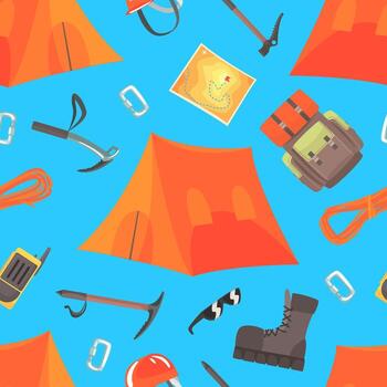 Alpinism and Mountaineering Seamless Pattern, Mountain Climbing and Adventure Endless Repeating Print Can be Used for Background, Wallpaper, Textile, Packaging Design Illustration vector