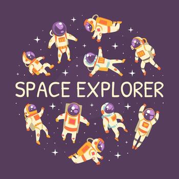 Space Explorer Banner Template, Astronaut in Outer Space Pattern of Circular Shape, Space Exploration, Science Fiction, Astronomy Illustration vector