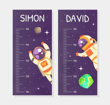 Kids Height Chart, Stadiometer Template, Height Measure Wall Meter with Astronaut in Outer Space Cartoon Illustration vector