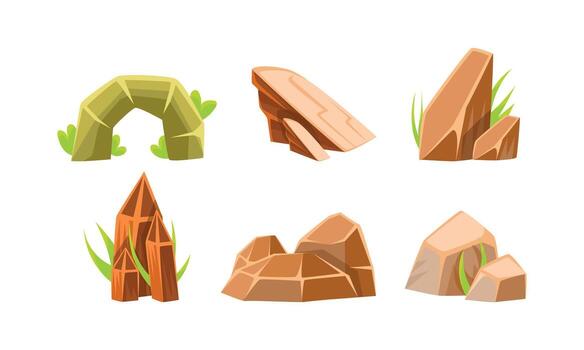 Rocks and Boulders of Various Shapes Set, Mobile Game ui Scenics Cartoon Illustration vector